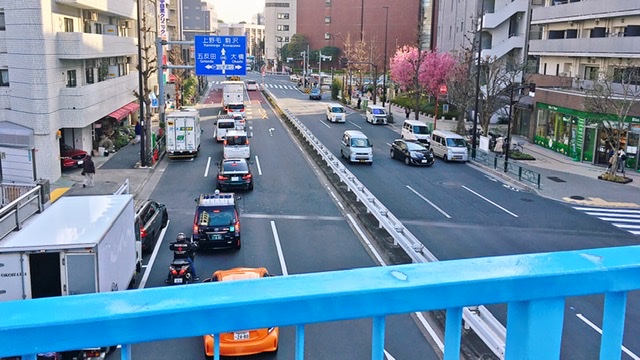 駒沢通りを歩道橋で渡る